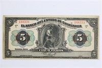 1913 El Banco Del Estado Chihuahua 5 Pesos Bill