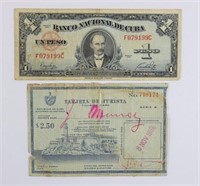 1956 Cuban Tourist Pass & Cuban $1 Peso Bill