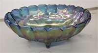 Blue Carnival glass fruit bowl grapes with leaves