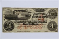 1860's State Of Missouri $4.00 Defense Bond
