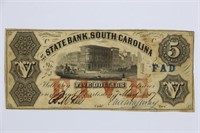 1860 $5 State Bank South Carolina Obsolete Note