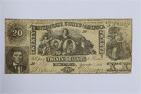 1861 $20 Confederate States CSA Obsolete Note