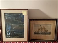 PAIR OF PICTURES SHIP & BEN FRANKLIN WITH KITE