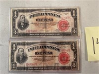 LOT OF 2 ONE PESOS 1944 VICTORY BILLS RED SEALS