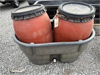 100 Gallon Plastic Water Trough & 2 Feed Barrels