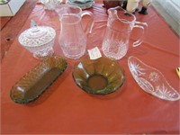 6 PIECES GLASSWARE -2 PITCHERS, CANDY DISHES,