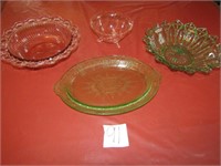 4 PIECES - GREEN DEPRESSION PLATTER, OPEN LACE