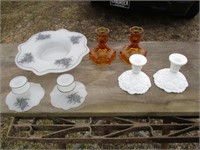 Glass Candlesticks and Bowl