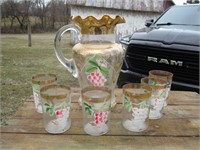 Hand Painted Pitcher with (6) Glasses