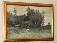 Lot #3795 - Framed watercolor farm scene by
