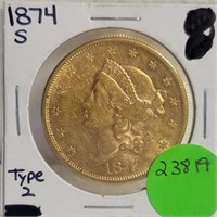1874-S TY. 2 LIBERTY $20 GOLD COIN