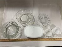 Glass serving bowls,  2 mugs and 4 matching plates