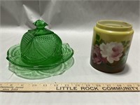 Green glass dish with lid, milk glass floral jar