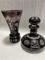 Ruby glass vase and decanter with stopper