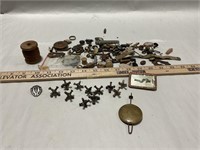 Jacks, wooden spool, clock weight & more