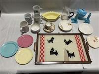 Misc cups, saucers, dishes. Tray with Scottie
