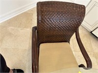 BROWN WOOD / RATTAN ARM CHAIRS WITH TAN CUSHIONS