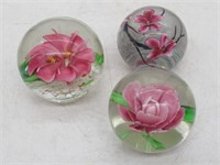 LOT OF 3 FLORAL PAPER WEIGHTS  ALL CLEAN