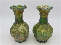 IMPERIAL GLASS CARNIVAL LOGAN BERRY GRAPE VASES X2