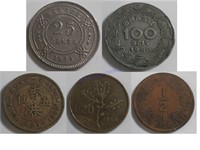 5 Assorted Coins Belize, Brasil, Hong Kong, Peru,