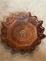 Vintage Wooden Hand Carved White Inlay Octagonal