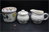 Longaberger Fruit Lidded Crock & Cream & Sugar Set