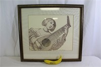 Medieval Lute Player Pan & Ink, Signed by Artist
