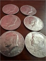 6- (5) 1974 & (1) 1977 kennedy half dollars