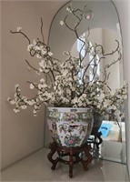 F - LARGE ASIAN PLANTER, STAND & SILK FLOWERS (A6)