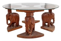 African Elephant Carved Wood Low Table / Glass Top