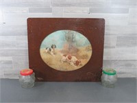 ANTIQUE PICTURE WITH WOOD FRAME / 2 PB JARS