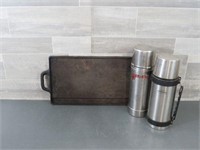 CAST IRON GRILL / PAIR OF THERMOS