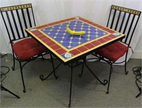 Cast Iron & Crazy Tile Patio Table & 2 Chairs