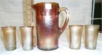 Carnival Glass Pitcher and Glasses