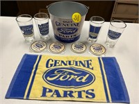 Ford Pail, Coasters, Towel & (4) Glasses