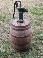 Cast Iron Pitcher Pump on Wooden Whiskey Barrel