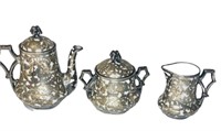 LATE 19 TH STERLING SILVER OVERLAY GLASS TEA SET