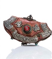 19TH TIBETAN SILVER MOUNTED POUCHES WITH TURQUOISE