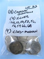 Bag of (18) Canadian Quarters - (9) Silver 1942,