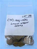 Bag of (72) Lincoln Wheat Cents 1910-1930's