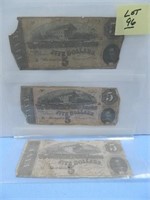 (3) 1864 Confederate States of America $5 Bills -