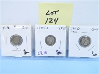 1892, 1905s, 1911d with hole Barber Dimes, G-4,