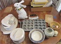 Cupcake pans, bowls, chopper, rabbit, misc