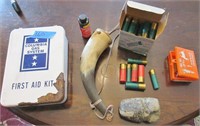 Powder horn, shells, artifact, First Aid kit