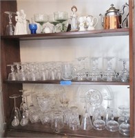 3 shelves of glassware & misc. decorative items