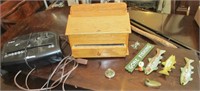 Small wood chest w/drawer, misc.