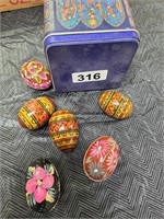 Vintage Painted Wood Eggs with Tin