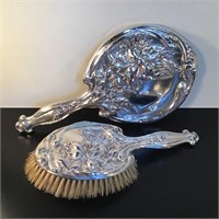 STERLING SILVER ART NOUVEAU MIRROR AND BRUSH