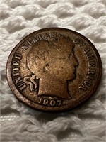 1907 BARBER DIME 90% silver