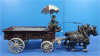 Antique Cast Iron Produce Cart, 2 Horses, Driver